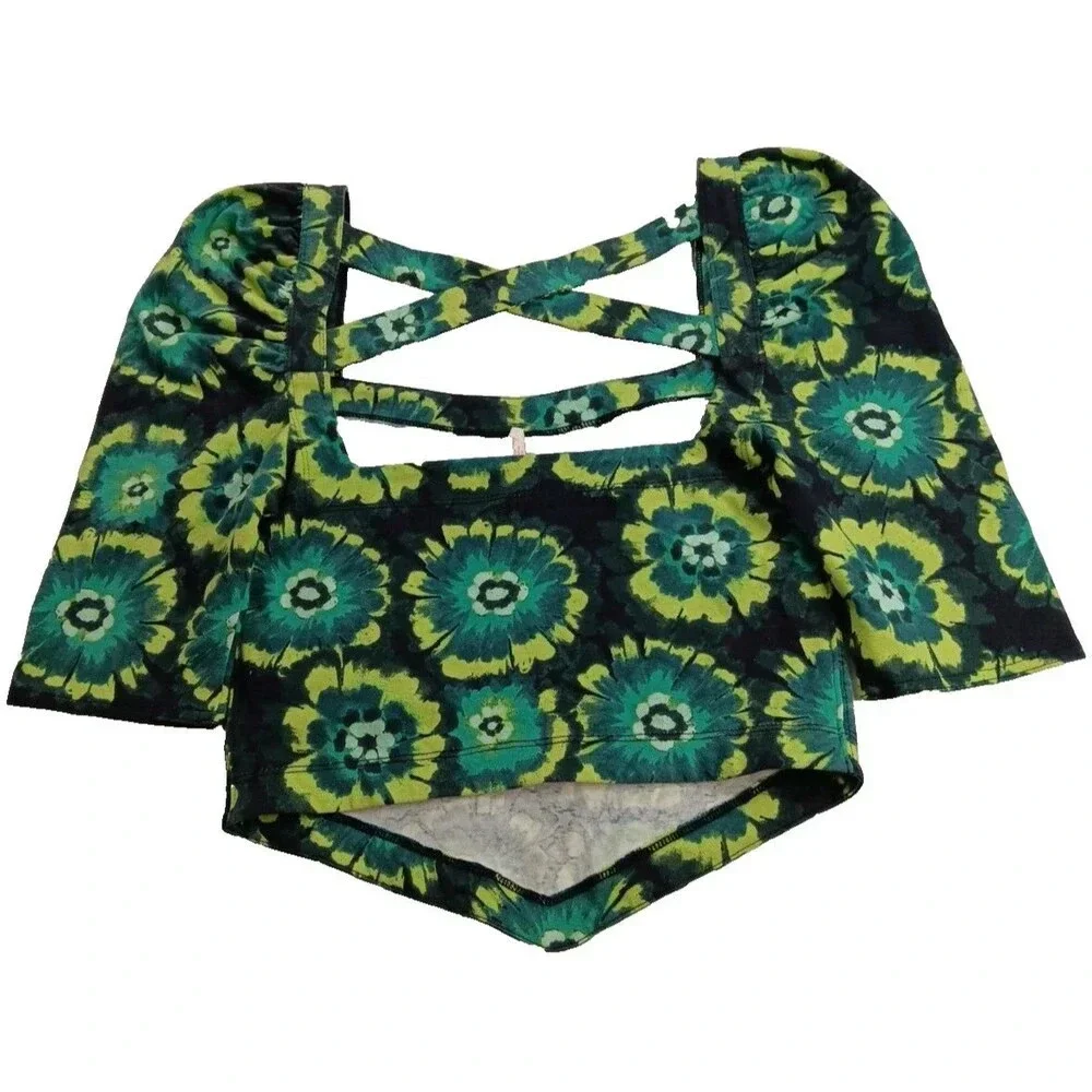 Free People Retro Hippie Green Square Neck Puff Sleeve Bandana Original! Small‎